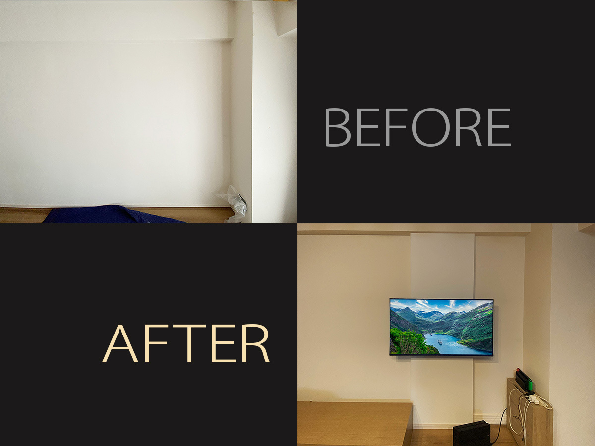 東京都世田谷のマンションでスリムタイプのフェイクウォールPIXYを設置し43型液晶テレビを壁掛け