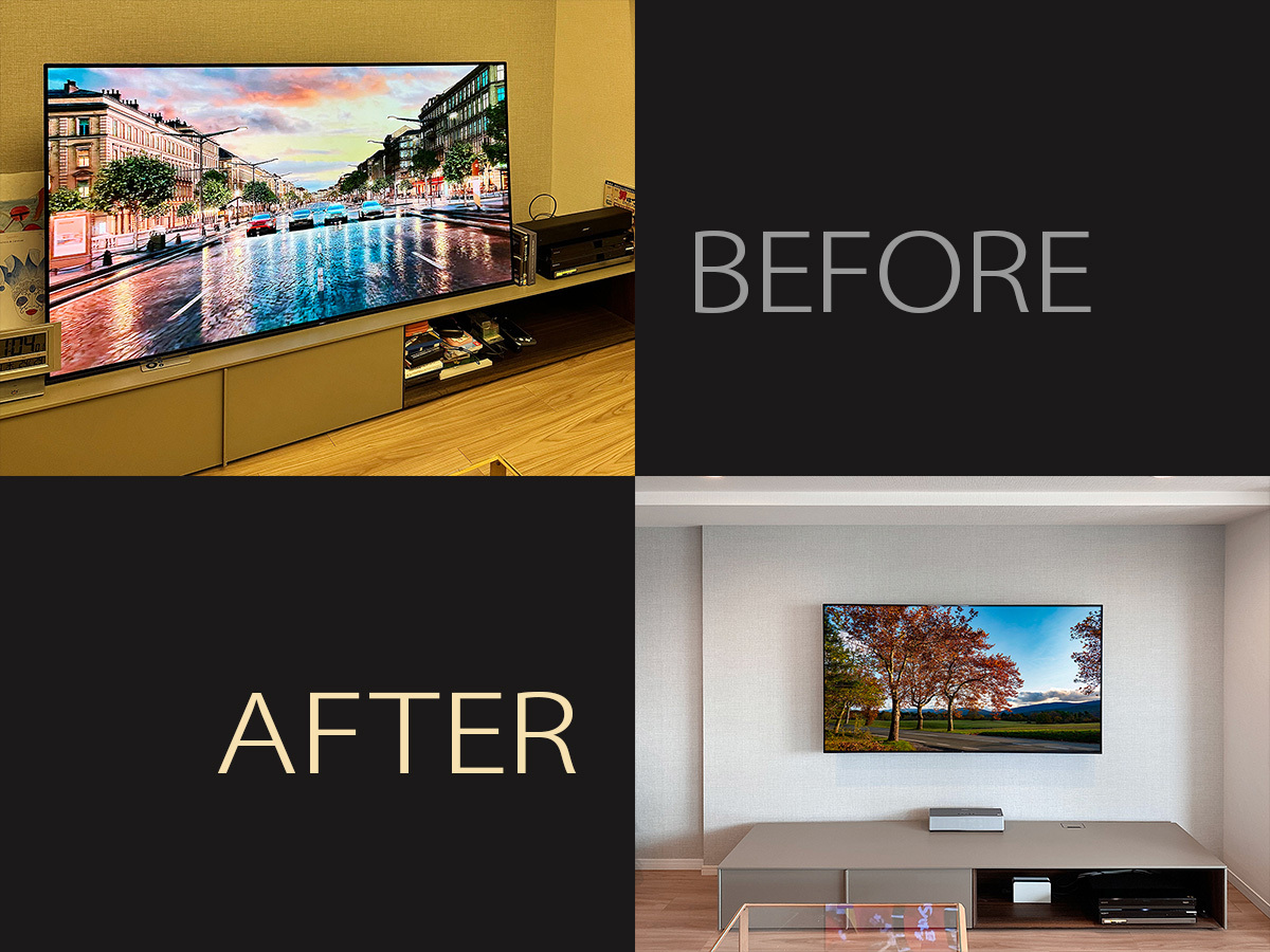 PIXY設置前と設置完了後の比較写真です。テレビボードの上がサウンドバーしかない点にご注目ください。