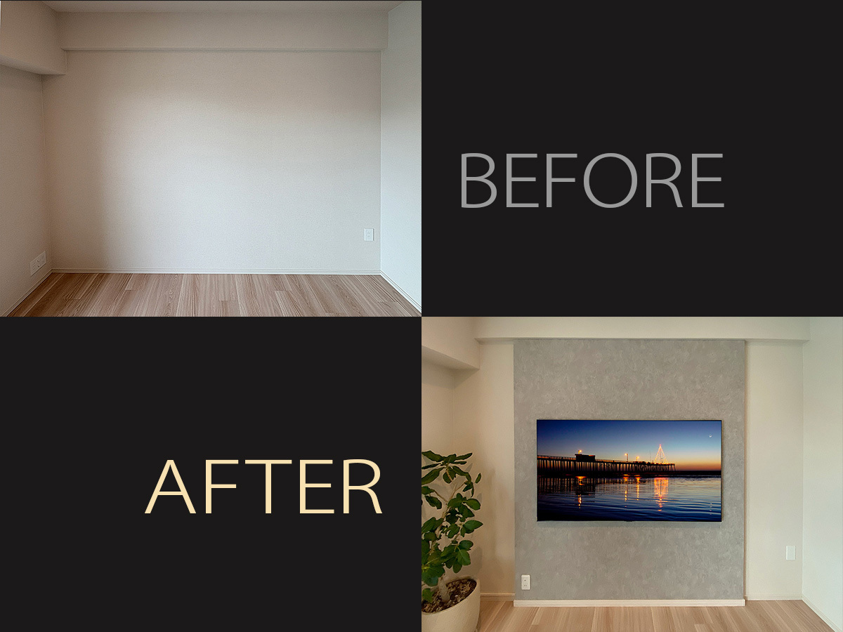 大阪府三島郡のマンションでフェイクウォールPIXYを設置、しLGの65インチテレビを壁掛け、そしてHDMIコンセントを新設