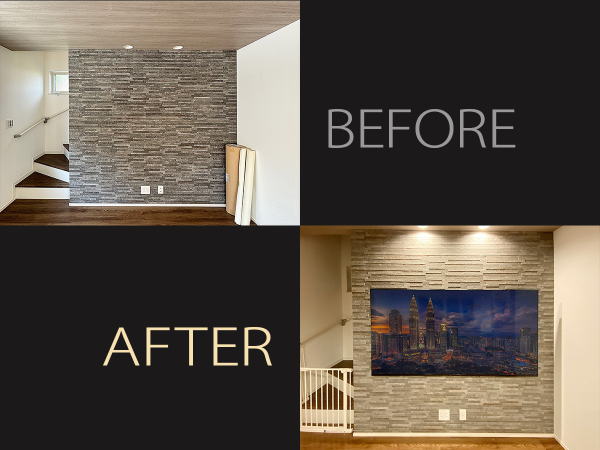 東京都でエコカラット壁（ディニタ）にソニーブラビア75インチテレビ（K-75XR70）を壁掛けしHDMIコンセントを追加