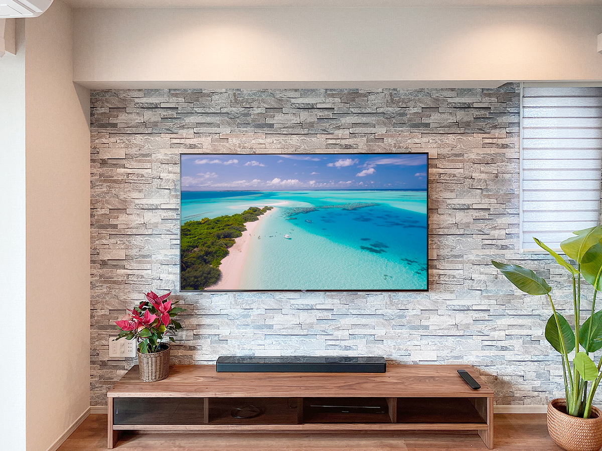 愛知県名古屋市で石膏ボード壁に65インチ液晶テレビ(KJ-65X9500G)を壁掛け