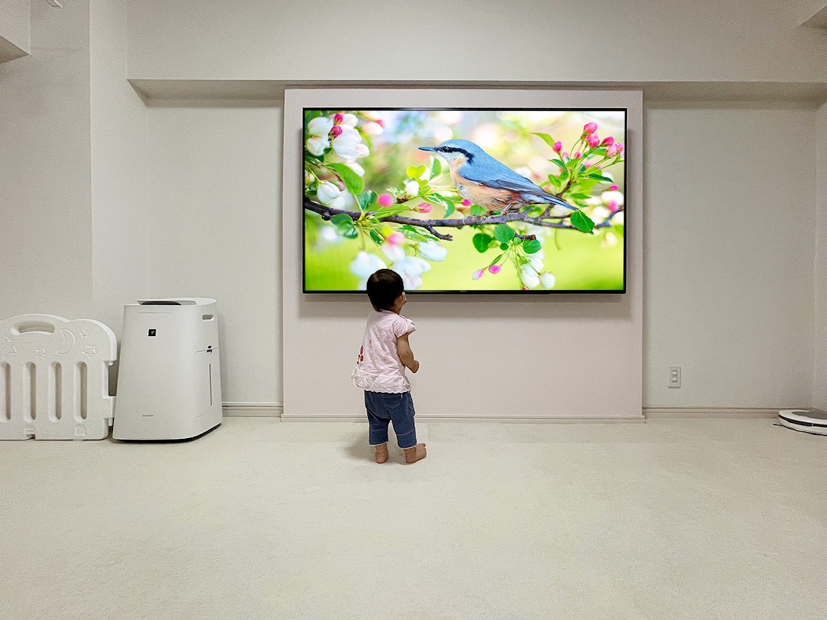PIXYのサイズは横幅が1750mm、高さが2400mm。PIXY内部で配線処理を行い、テレビ下からケーブルが見えないようにしています。