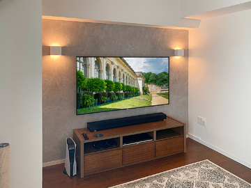 名古屋市で壁一面にクロス外装のフェイクウォール「PIXY」を設置し、ソニーブラビア65インチテレビ(KJ-65X8550H)と間接照明を壁掛け