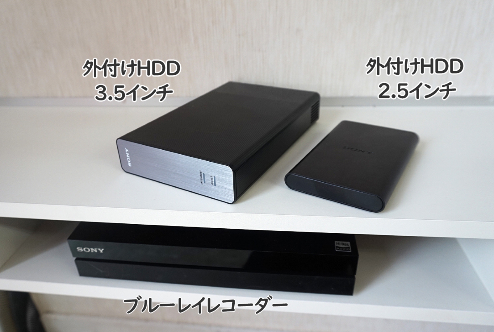小型ハードディスクは壁掛けテレビの裏側にすっぽり収まります。